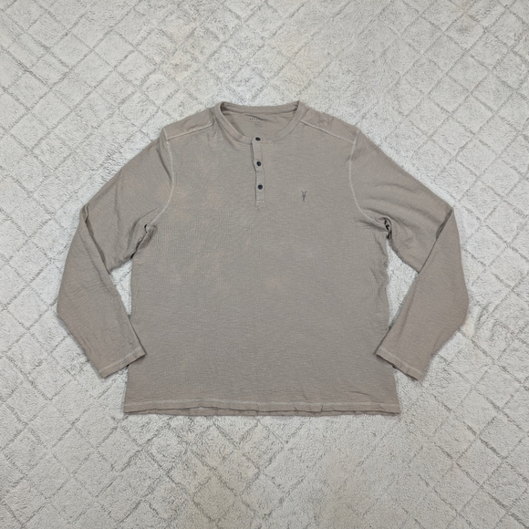 Allsaints Shirt Mens XXL Beige Tan Muse Henley Long Sleeve Ramskull Cotton - Picture 1 of 8